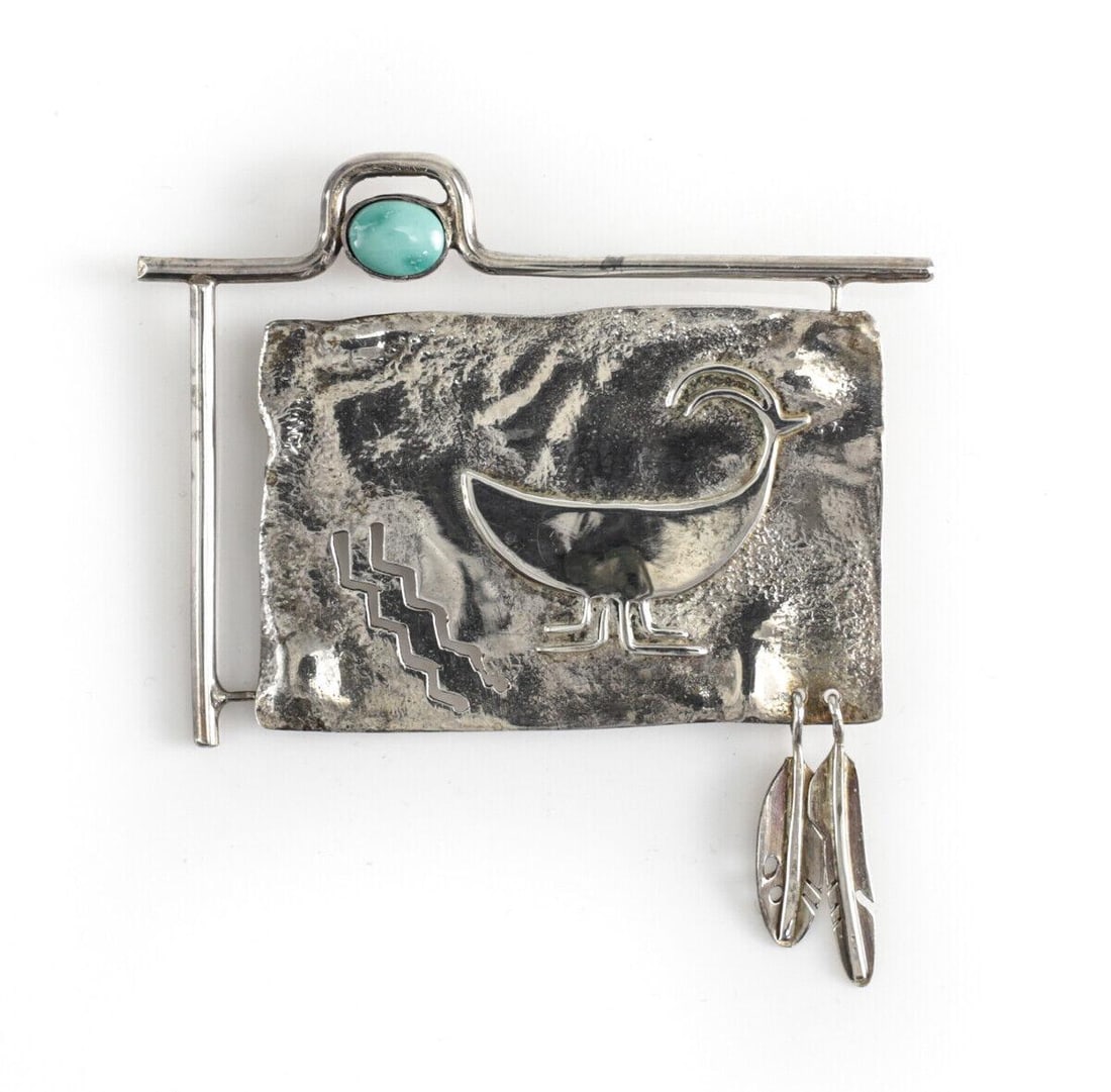 Vtg Sterling Silver And Turquoise Brooch Southwest Artisan Modernist design (1 of 4)