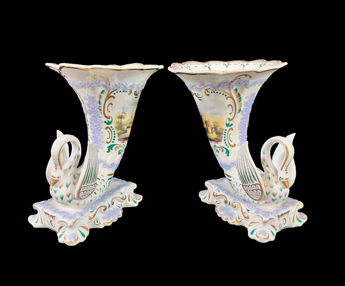 Pair of Continental Cornucopia Porcelain Swan Vases (1 of 13)