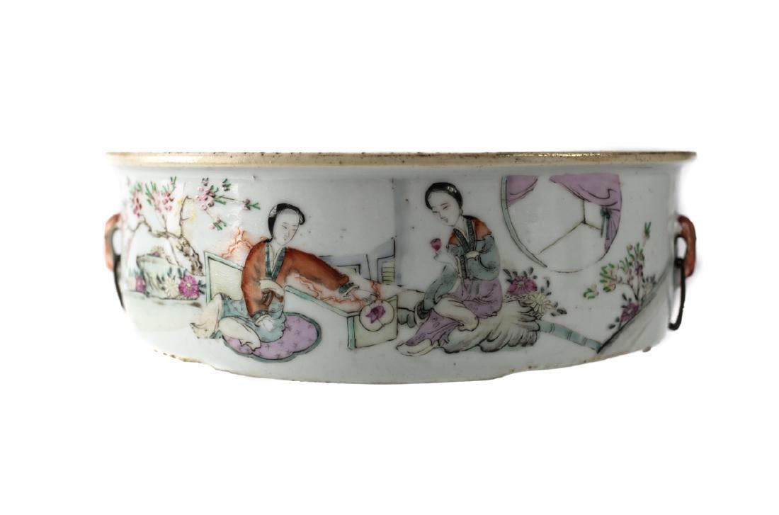 Chinese porcelain rice serving bowl Hand painted figures calligraphy two handles (1 of 5)