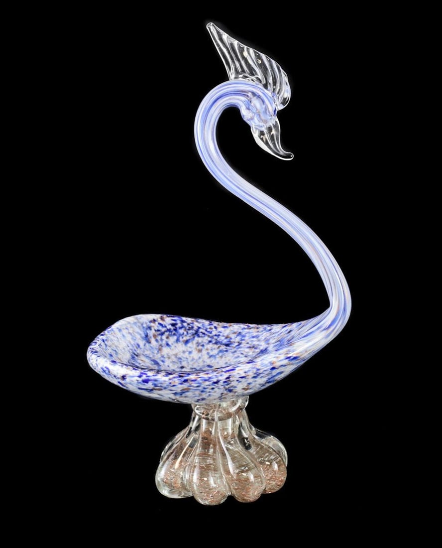 Figural Murano Art Glass Bird Bowl Dish Cobalt Blue White Gold Speckled c1950 (1 of 4)