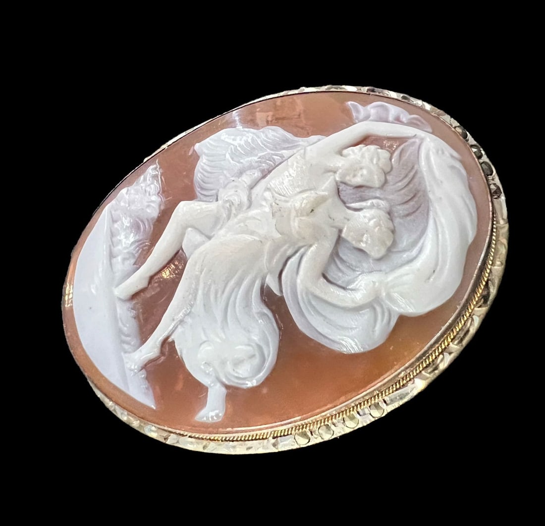 800 Silver Shell Cameo Pendant Brooch with marcasite and gold cord wire (1 of 5)