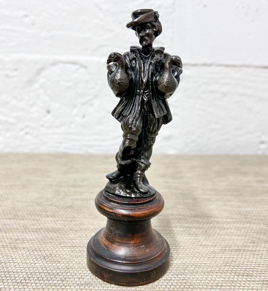 Miniature Patinated Bronze Spelter Goose Keeper figure c1900 (1 of 5)