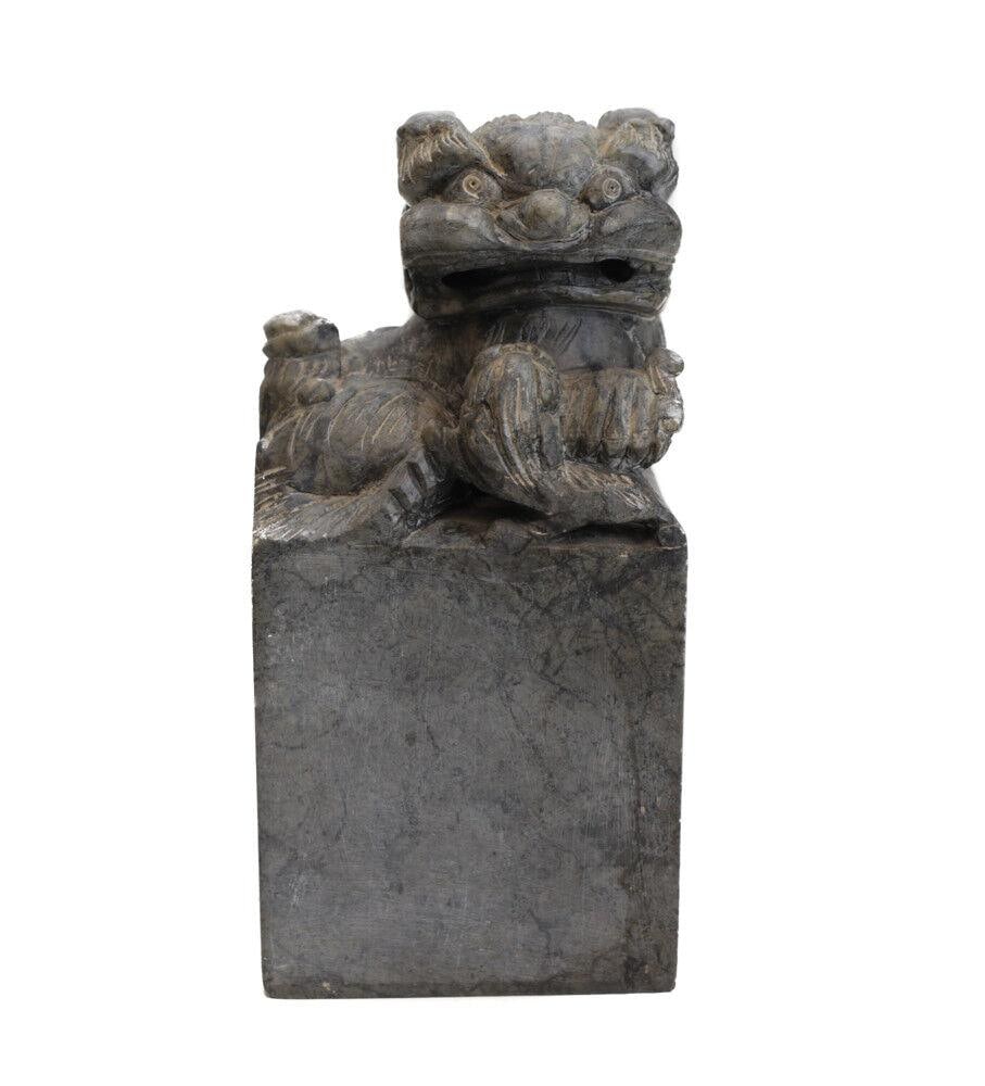 Chinese Carved Soapstone Foo Dog, Grey stone, ferocious lion on square plinth (1 of 5)