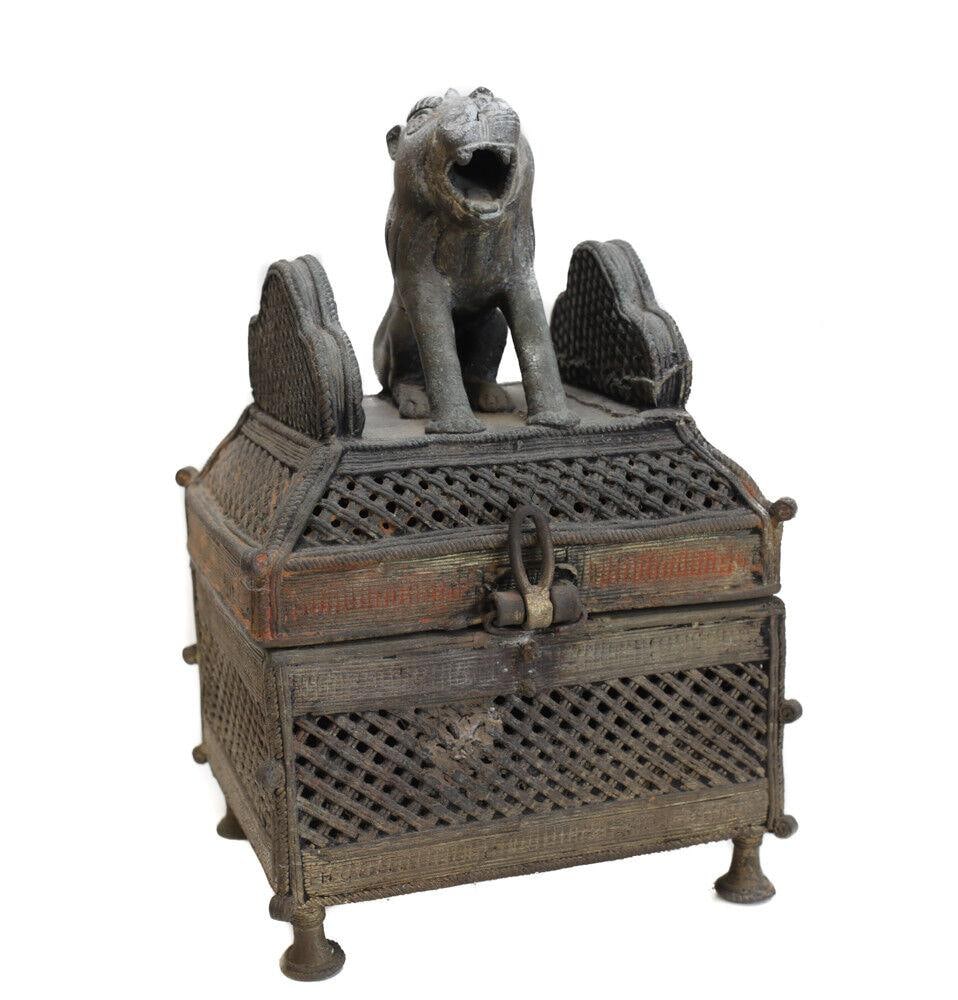 Asian Bronze Hinged Incense Censer with seated Lion figure reticulated footed (1 of 5)