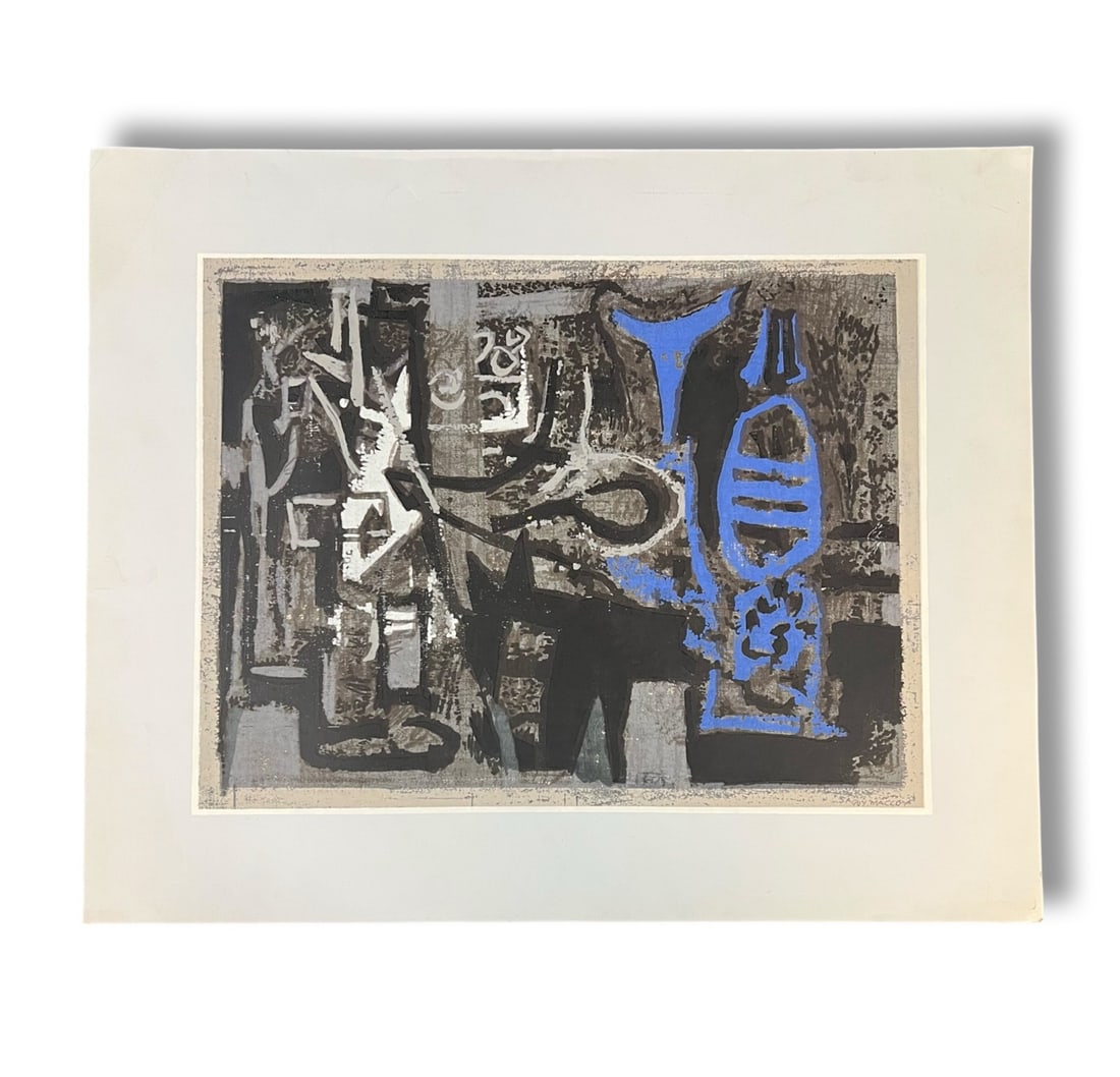 Guy Crittington Maccoy Serigraph print Abstract Mid Century: Guy Crittington Maccoy (California 1904-1981) Serigraph on paper, Abstract in black and blues, signed in pencil lower right. (D3) Measurements: Approx. sheet 22.25 x 18.25 inches; image 17 x 13 inches