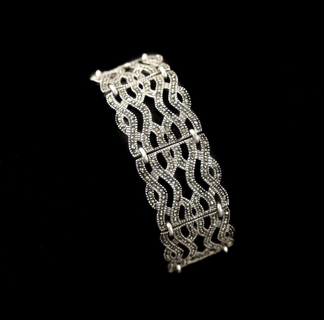 Sterling Silver Marcasite open work bracelet c1920 (1 of 4)