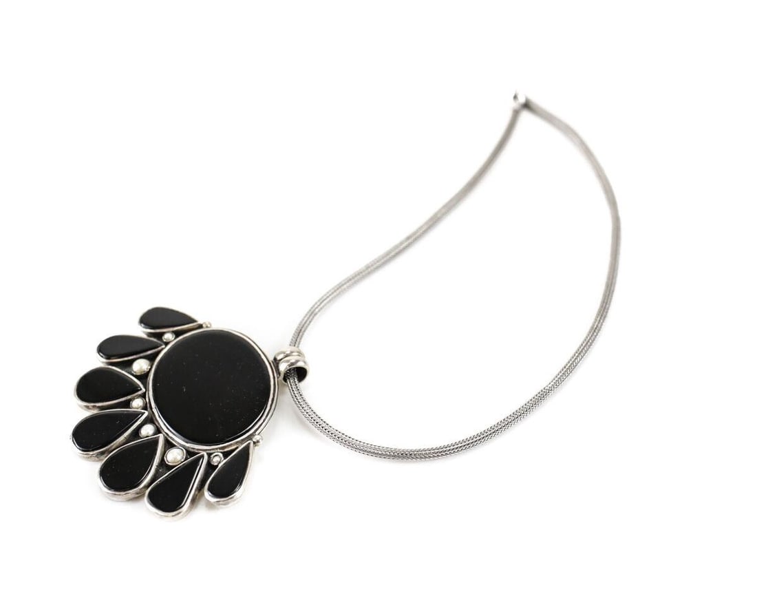 Vtg Sterling Silver Onyx Pearl Statement Necklace Choker w/ Sterling Cord chain (1 of 4)