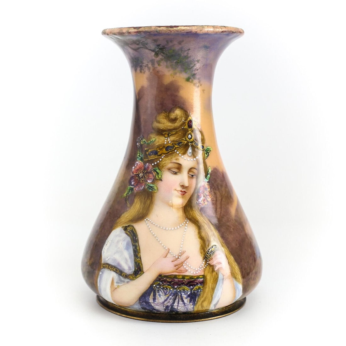 French Enamel on Metal Portrait Vase Signed c1900 Hand Painted Woman / Landscape: French Enamel on Metal Portrait Vase, signed, c.1900. Beautiful Hand Painted Auburn Haired Woman w/ elaborate head piece & pearl necklace against a pastoral scene w/ Iridescent Accents. Signed 'Rig 3M