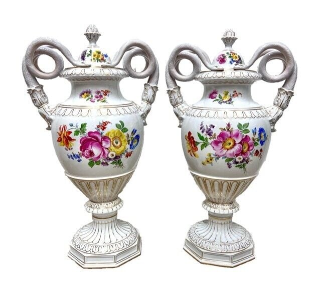 Pair Dresden Porcelain Covered Urns Snake Handles Hand painted florals c1920 (1 of 20)
