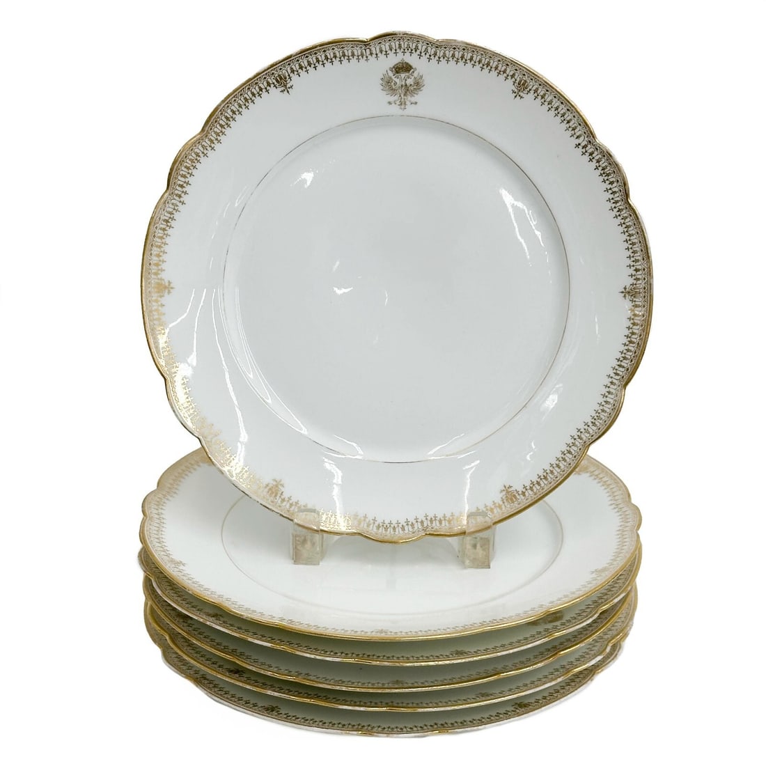 6 Ch Pillivuyt Gilt Porcelain Plates Double Headed Eagle c1900 (1 of 5)