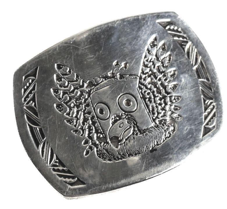 Sterling Silver Hopi Owl Kachina Belt Buckle marked W.K. and Sterling c1950: Sterling Silver Hopi Owl Kachina Belt Buckle, marked W.K. and Sterling. c1950. 99grams Measurements: Approx. 2.625inches x 2inches Condition: Great condition some light scratches and swirl marks. Dome
