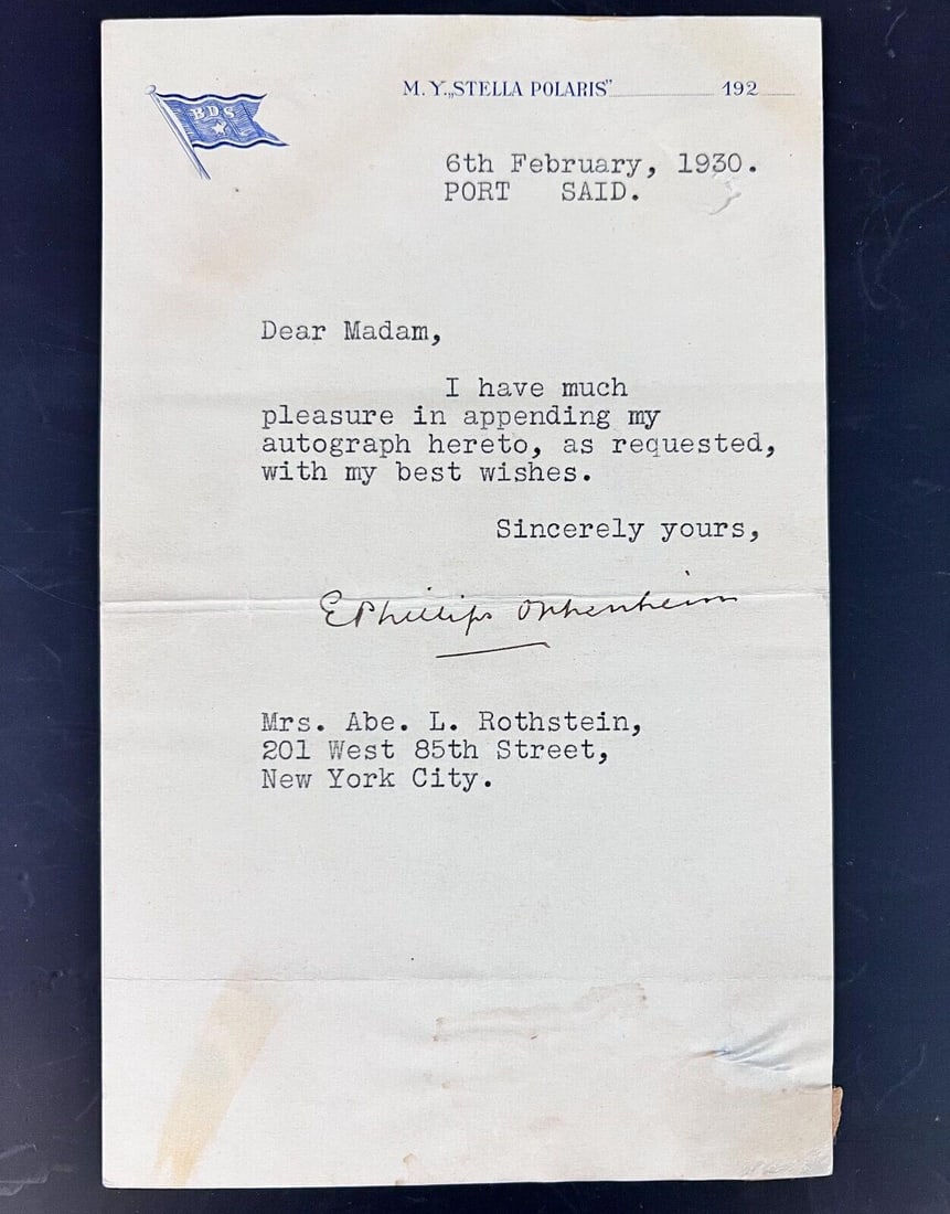 E Phillips Oppenheim Typewritten autographed letter 1930 MY Stella Polaris (1 of 3)