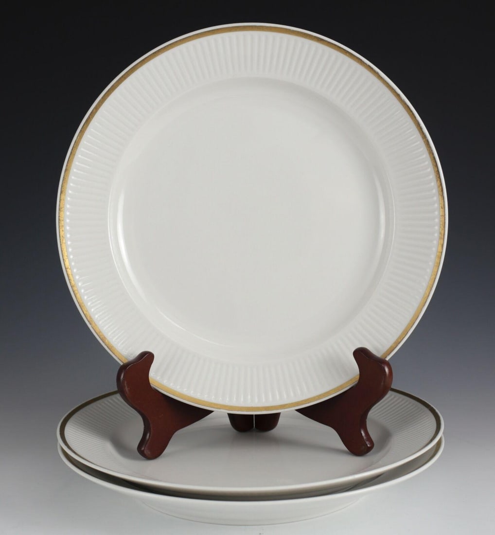 3pc Royal Copenhagen Tunna Ribbed 10.5" Dinner Plates 1277 Cream white with gold (1 of 4)