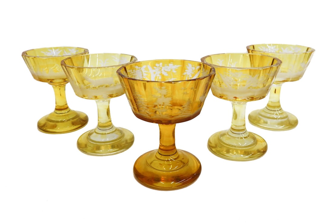 5 Bohemian Amber Cut to Clear Glass Marini Liquor Goblets Fauna Scene c1900 (1 of 8)