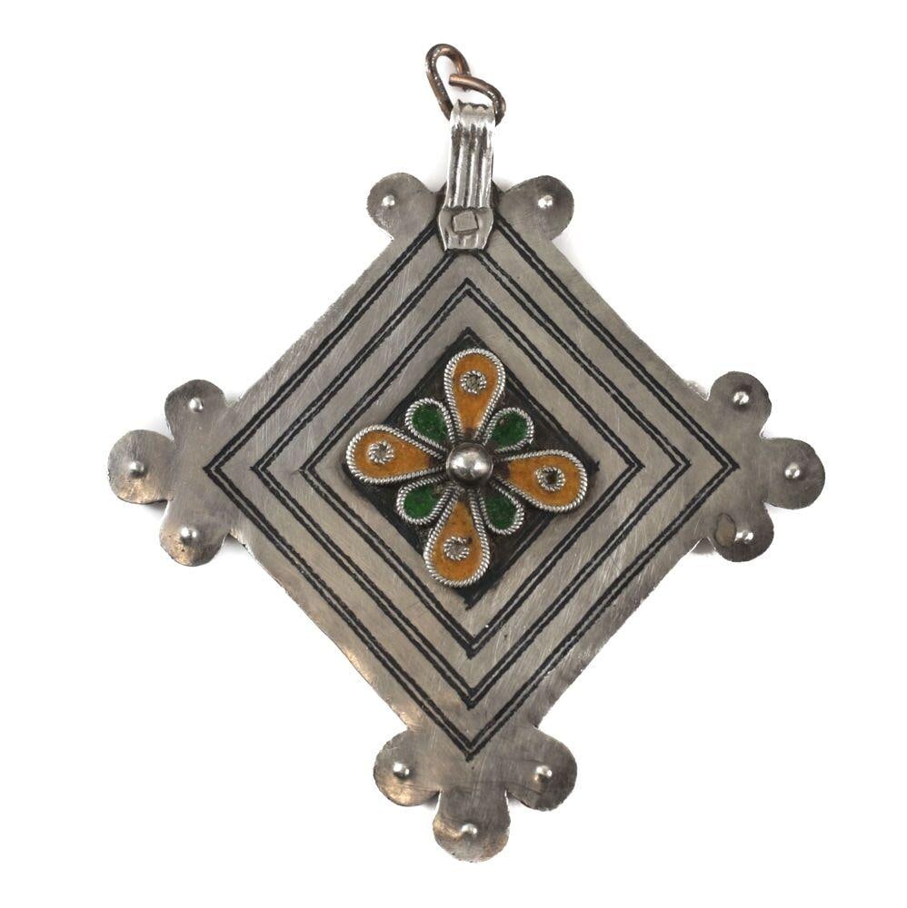 Southeast Asian Silver Enamel Large Pendant diamond shape lobed 19th century: 19th century Southeast Asian Silver Enamel Large Pendant - large diamond-shaped pendant with lobed corners, central floral design with green and yellow-orange enamel. Unmarked, tested silver. Copper w
