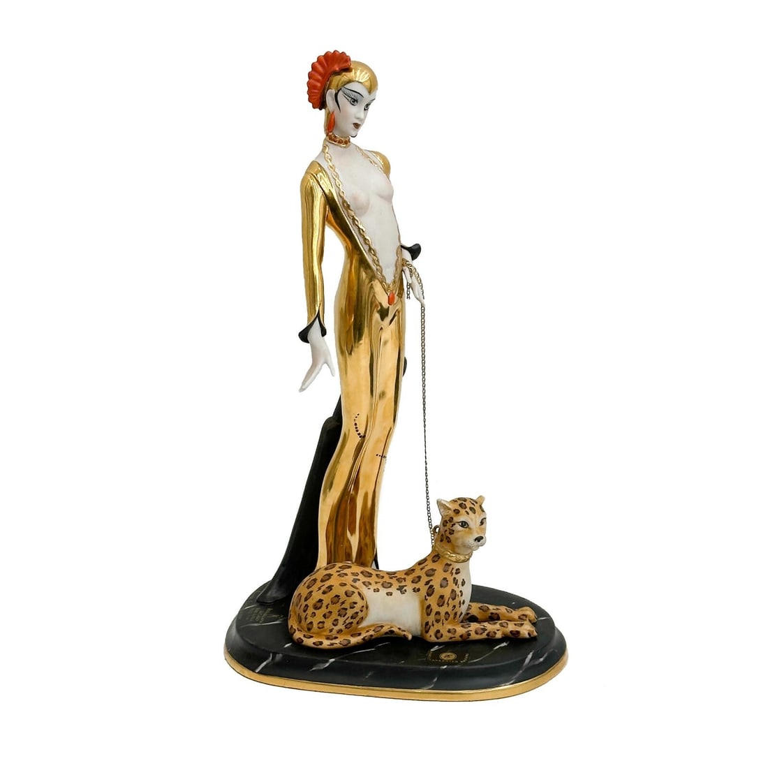 Capodimonte Italy Ester Bassano Gilt Porcelain Sculpture Ester and Leopard: Capodimonte Italy Ester Bassano Gilt Porcelain Sculpture Figurine Ester and Leopard. Depicts woman with leopard, faux marble base marked with Capodimonte "N" Porcellana Made in Italy limited edition 1