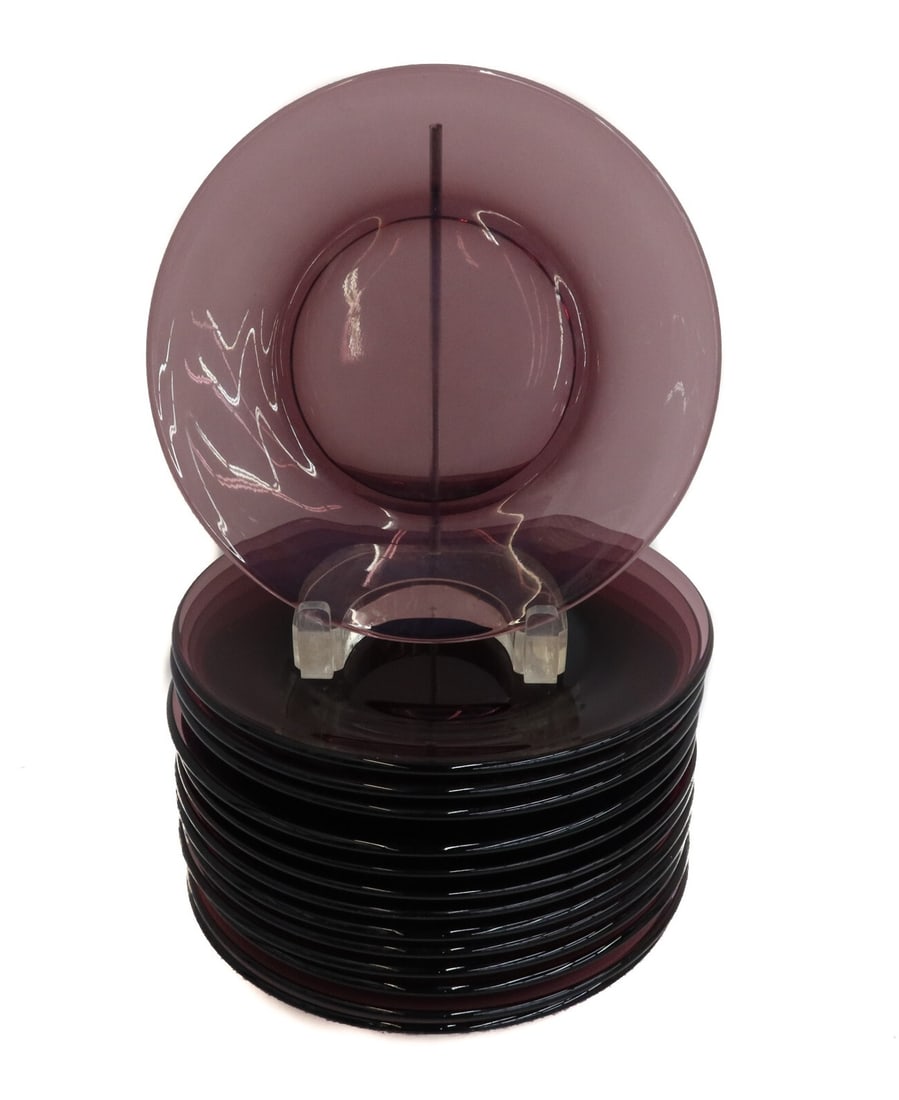 14 American Amethyst Cut and Polished Glass 8.25 inch Plates Mid Century: 14 American Amethyst cut and polished glass 8.25 inch plates Mid Century. Weight: Approx. 15 lbs Measurements: Approx. 8.25 inches diameter Condition: Moderate utensil marks to center. Minute nicks to