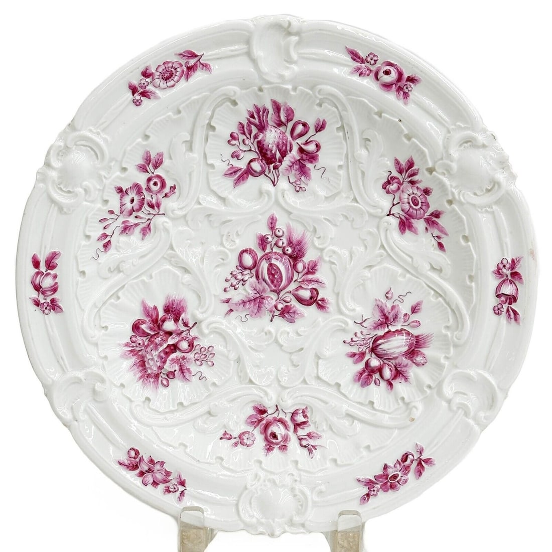 Meissen Germany Hand Painted Porcelain Plate White Magenta circa 1900: Meissen Germany Hand Painted Porcelain Plate, circa 1900. Ornate raised fruit floral and foliate decoration, magenta accents. Underside with Meissen crossed swords mark Weight: Approx. 2 lbs Measureme