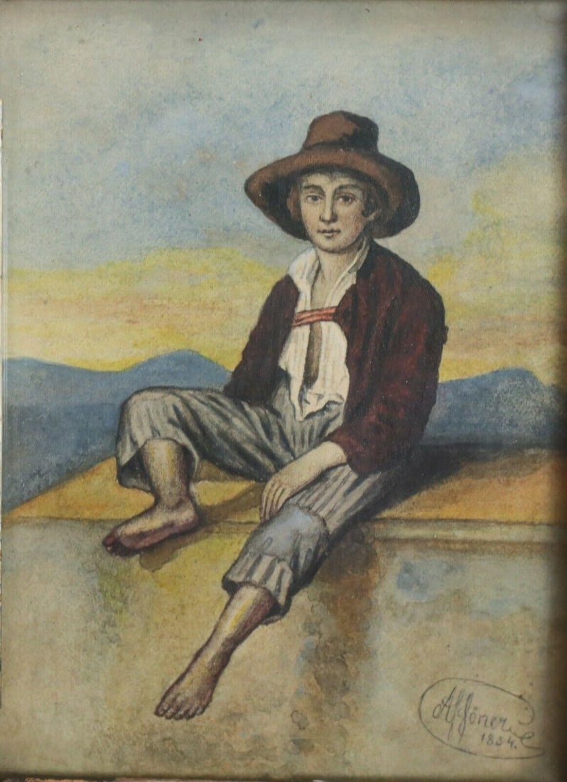 Alfoner Watercolor on paper, portrait "Hirtenknabe" or Shepherd boy, c 1843 (1 of 5)