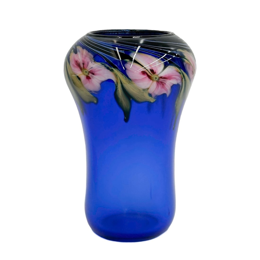 Charles Lotton Multi Flora Art Glass Vase Cobalt Blue Pink Flowers Signed (1 of 10)