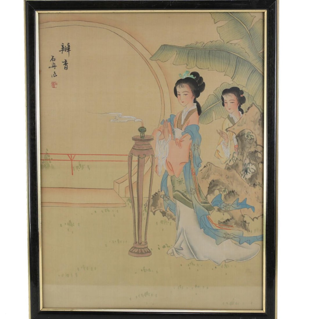 Antique Chinese Painting on Silk, Two Young Women lighting incense (1 of 3)