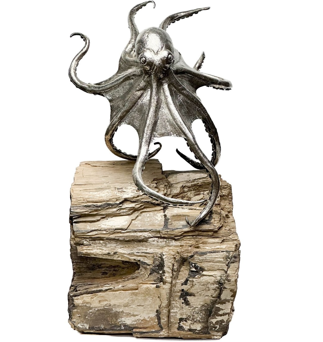 Mario Buccellati Italian 800 Silver Octopus Figure on Fossilized Wood c. 1970 (1 of 11)