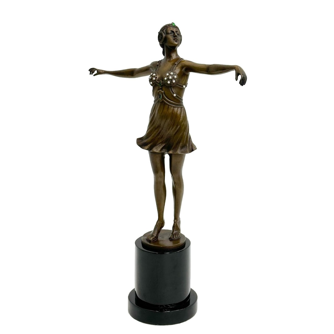 Otto Schmidt-Hofer Patinated Bronze Jeweled Sculpture Dancer Woman c1940: Patinated Bronze Jeweled Sculpture, possibly circa 1940. Depicts a dancer, blue jewels to head likely spinel, paste green stones including one likely replacement, and pearl accents. Artist signed to e