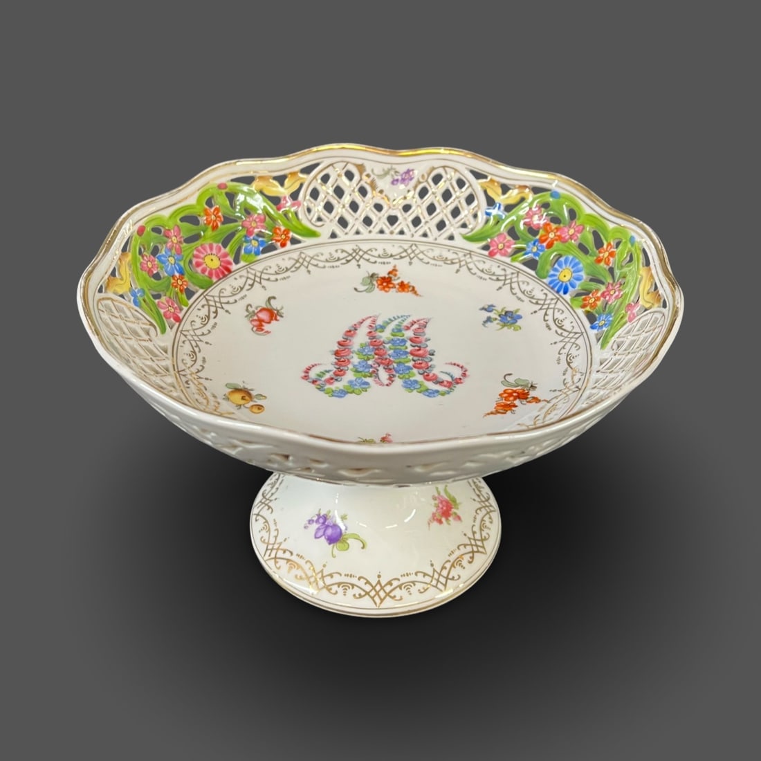 Marie Antoinette Schumann Bavaria Dresden porcelain reticulated pedestal compote (1 of 10)