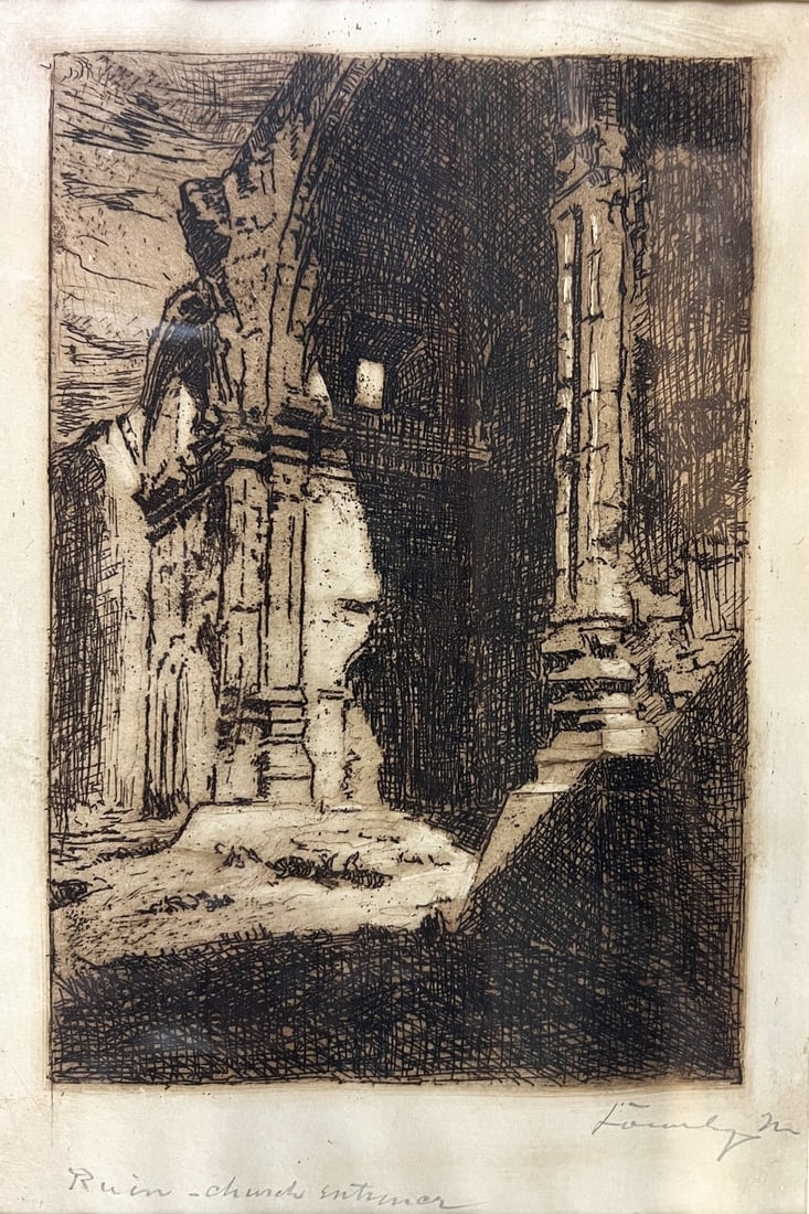 Antique Print Continental Etching Ruin - church interior signed (1 of 7)