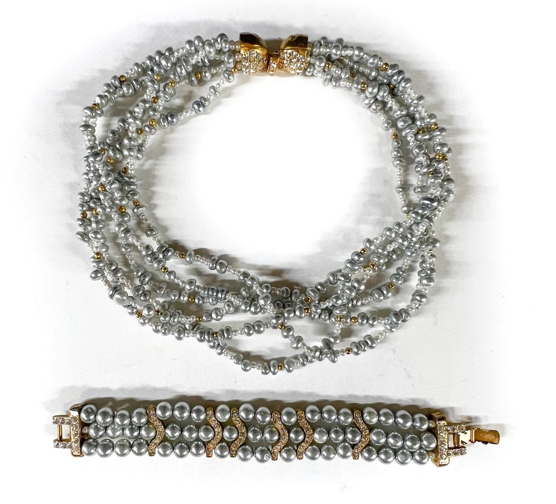 Franklab Paris Faux Pearl and rhinestone necklace and bracelet: Franklab Paris France Faux Pearl and rhinestone necklace and bracelet; silvery faux pearls, gold tone, and rhinestone pave. Multistrand necklace, faux pearls (6 strands). Makers marks. Measurements: A