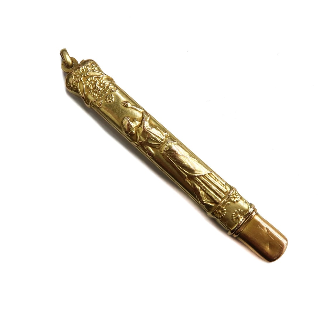 14k Yellow Gold Art Nouveau Engraved Figure and Floral Etoile Needle Holder (1 of 8)