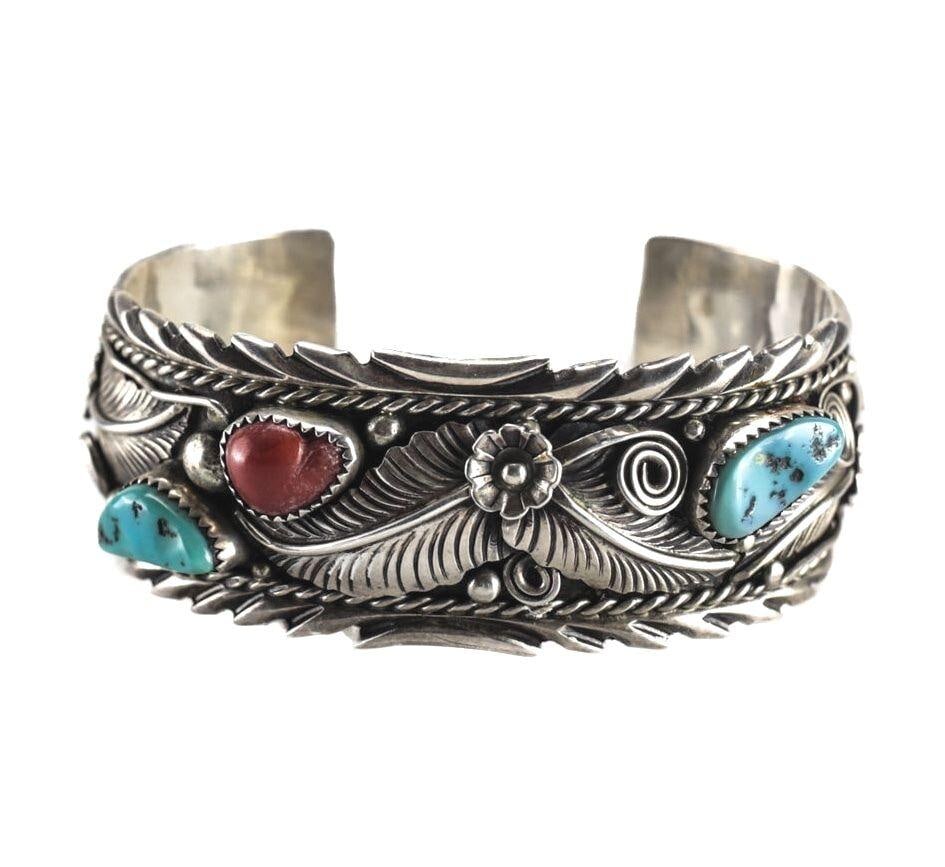 Atkinson Trading Co. Sterling Silver Navajo Cuff Bracelet Coral turquoise c1950 (1 of 4)