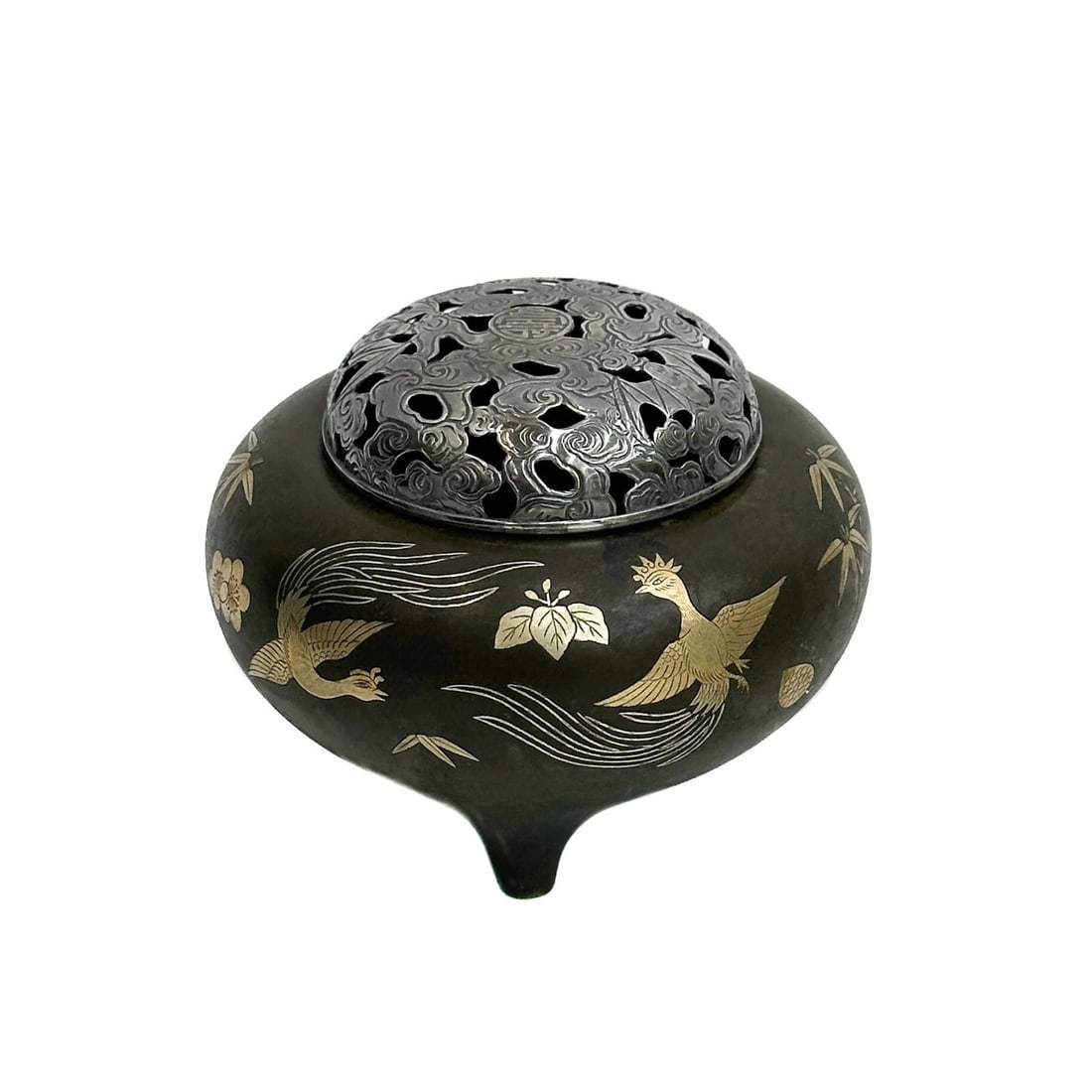 Japanese Gilt Bronze and Silver Inlay Koro Incense Burner Cranes Meiji Period (1 of 10)