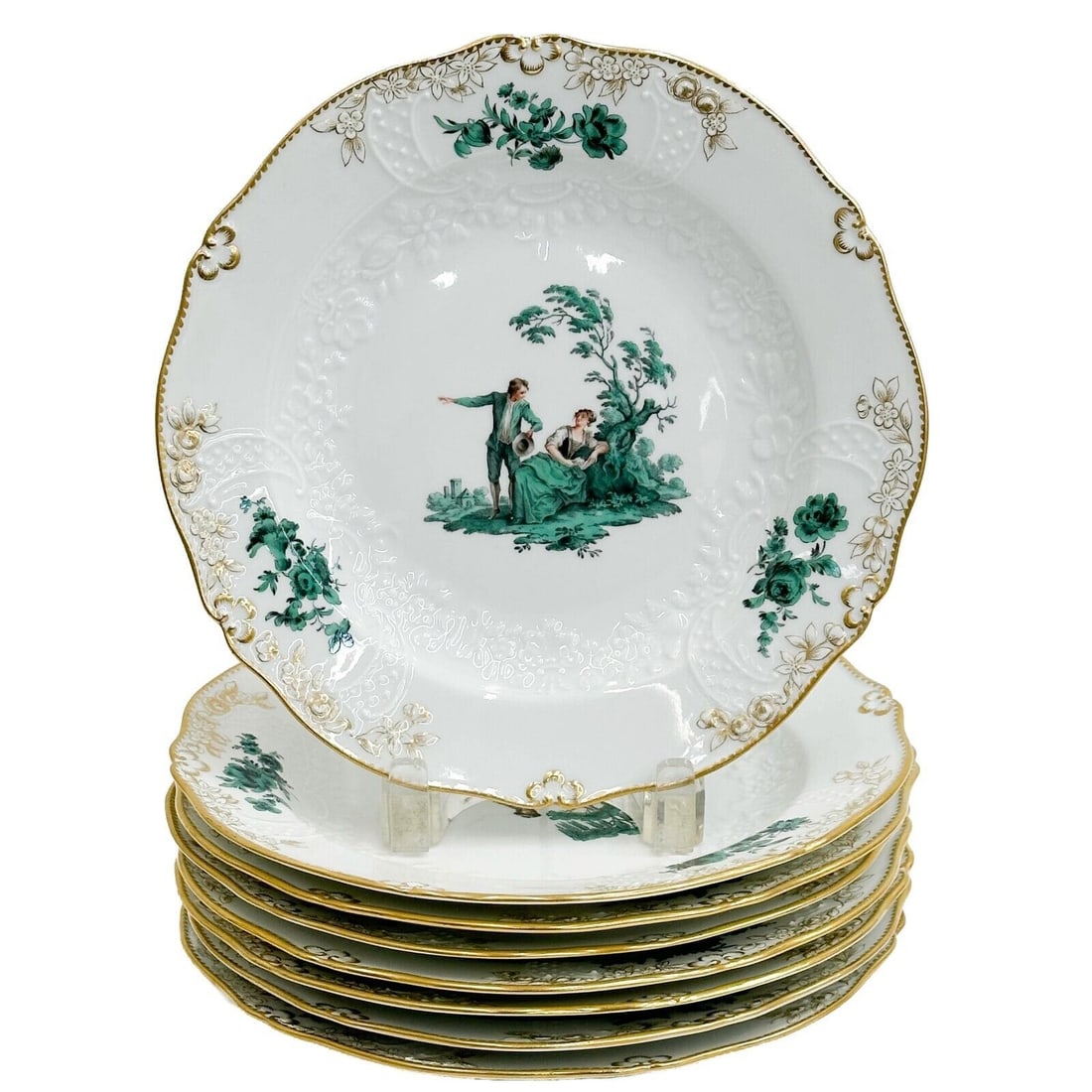 8 Meissen Germany Hand Painted Porcelain Watteau Green Cabinet Plates c 1920: 8 Meissen Germany Hand Painted Porcelain Watteau Cabinet Plates, circa 1920. A white ground with gilt accents, raised floral decoration to the center edge, green florals and Watteau courting scenes to
