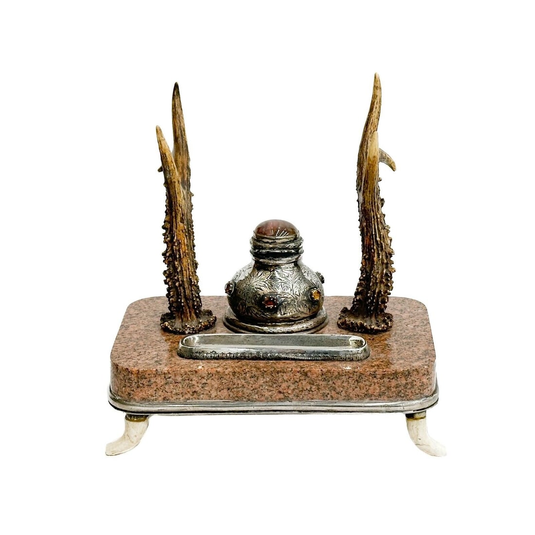Scottish Silver Antler Horn Mounted Citrine Marble Inkstand circa 1880 (1 of 6)