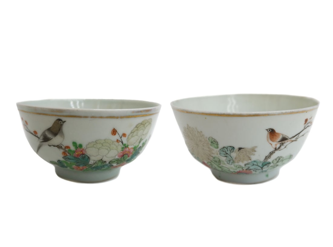Pair Chinese Famille Peonies and Chrysanthemum and Bird Porcelain Bowls 20th C. (1 of 19)