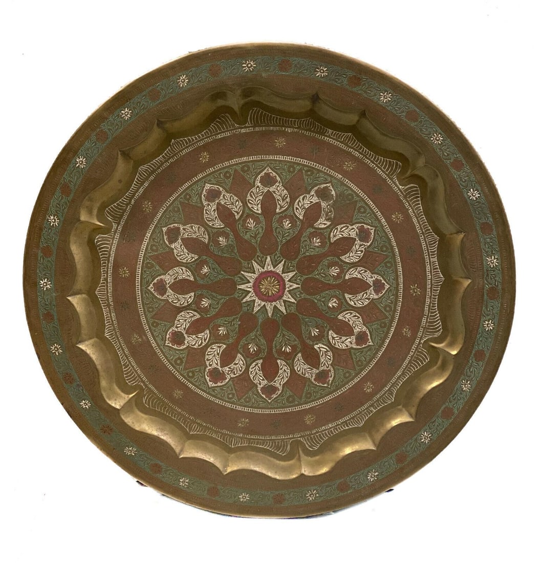 28" Middle Eastern Egyptian Copper and Enamel Charger Tray Platter Mid Century (1 of 3)