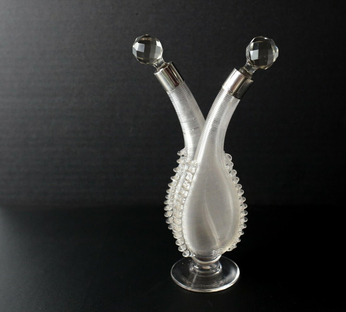 19th Century Footed Blown Glass Double Chamber Cruet with sterling silver collars: 19th Century Footed Blown Glass Double Chamber Cruet with sterling silver mount collars, marked John Goffe & Son Birmingham 1894. Finely ribbed body with applied sawtooth details. Faceted crystal stop