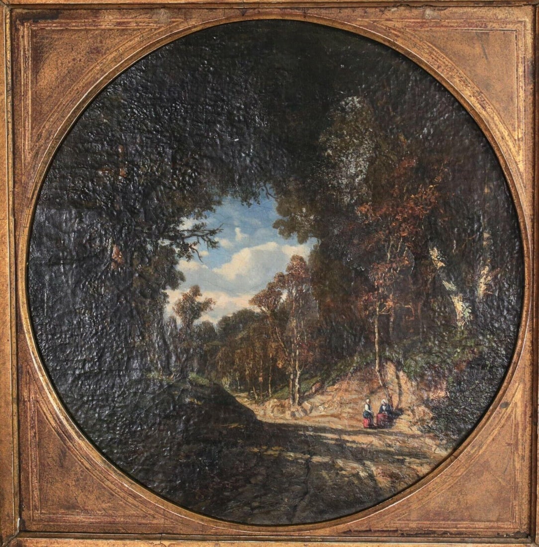 Continental Oil Painting on Canvas, Landscape with two women 19th century: Unsigned, 19th century Continental Oil painting on canvas landscape with two women, in gilt gesso wood frame. 8.25lb Measurements: Approx. 0.5 x 23inches; framed: 14 x 26.5 inches Condition: Painting