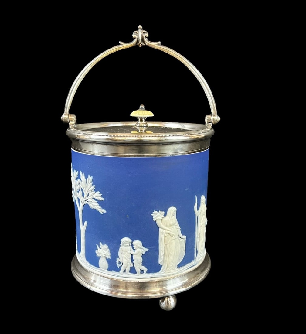 Wedgwood Blue Jasperware and Silverplate Biscuit Barrel Jar and Lid c1890 (1 of 14)