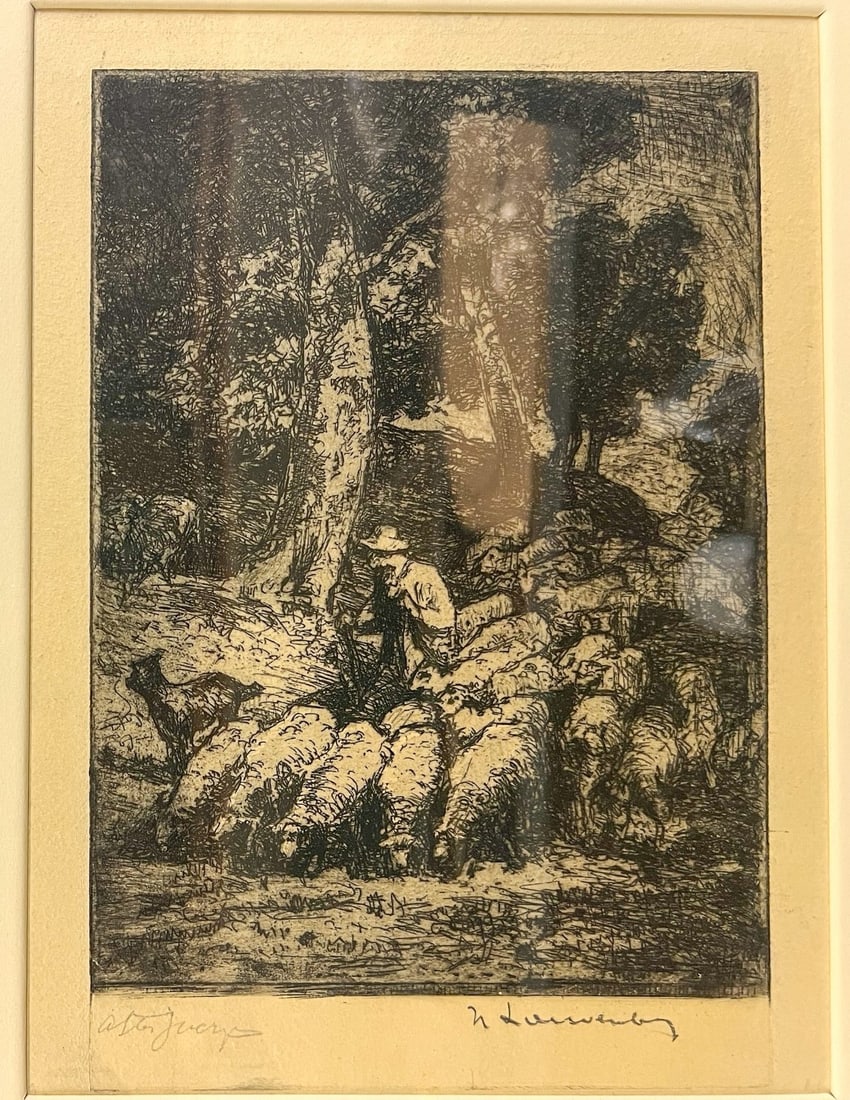 Antique Continental Etching shepherd with flock of sheep signed (1 of 6)