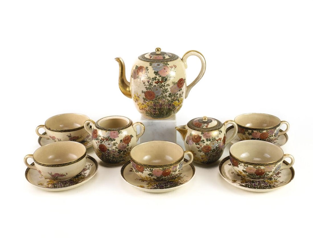 8pc Japanese Craquelure Satsuma Tea Set Service Hand painted Chrysanthemums Iris (1 of 9)
