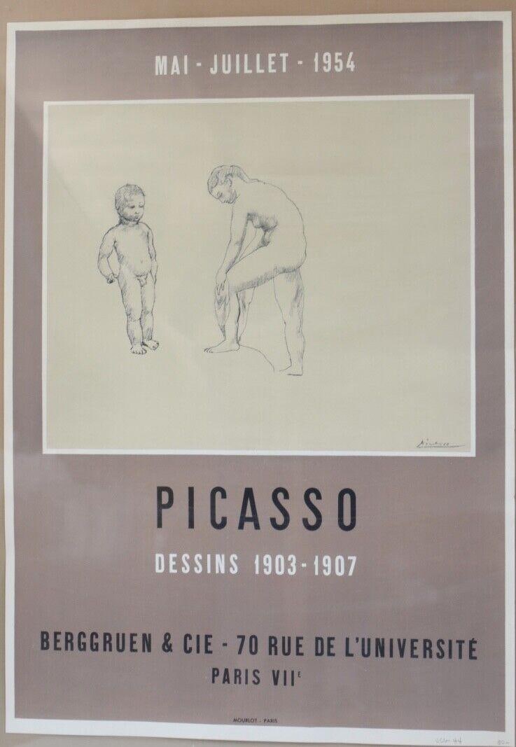 Pablo Picasso Lithograph Poster Dessins 1903-1907 Berggruen & Cie Paris VII 1954: Pablo Picasso Lithograph Poster, Dessins 1903-1907, Berggruen & Cie - Paris VII, Printed by Mourlot, Paris 1954. 9lbs Measurements: Approx. poster 17" x 24"; framed 24.25" x 30.25" Condition: Print ap