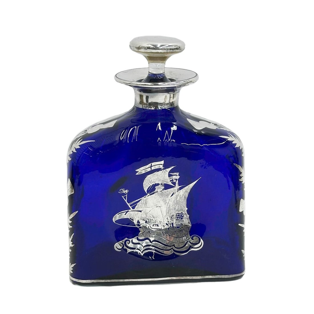 American Silver Overlay Cobalt Blue Glass Ship Decanter 19th century (1 of 7)