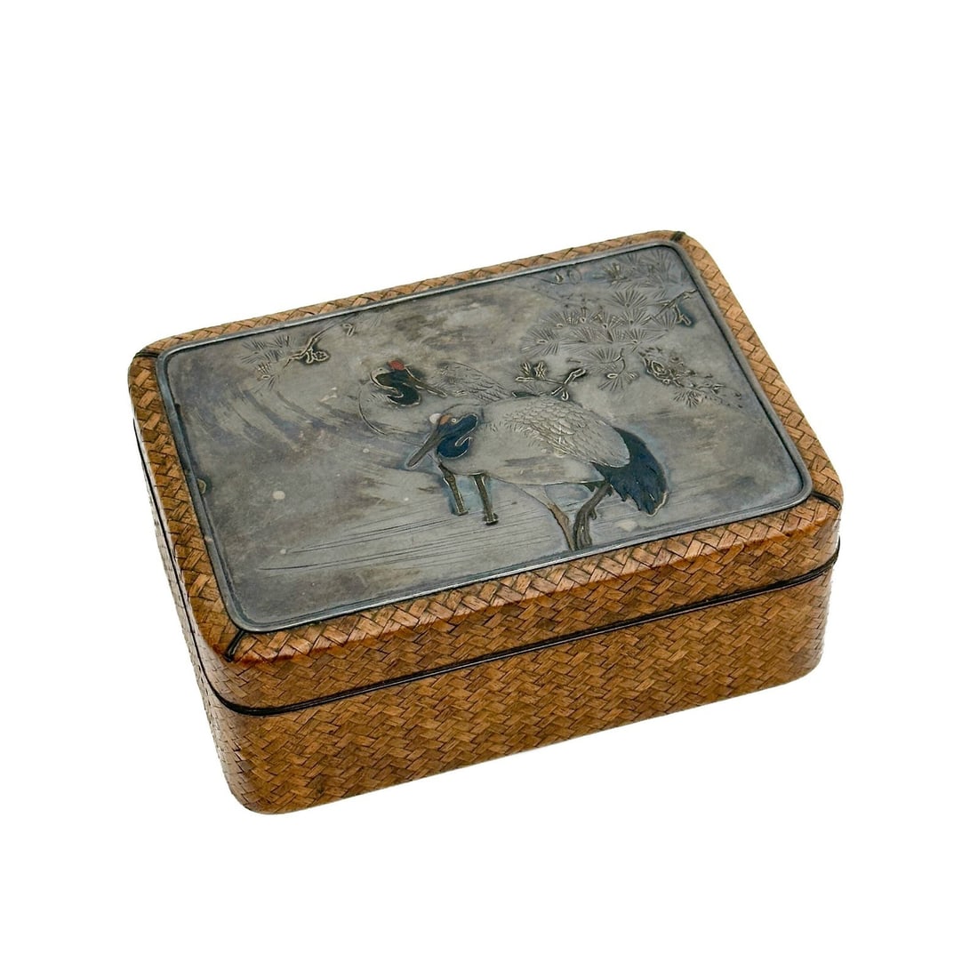 Japanese Silver Mounted Wood Box Cranes Meiji Period (1 of 6)