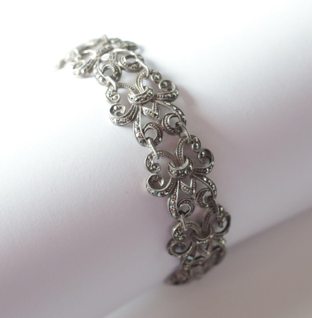 Sterling Silver Filigree marcasite bracelet openwork design c1920 (1 of 7)