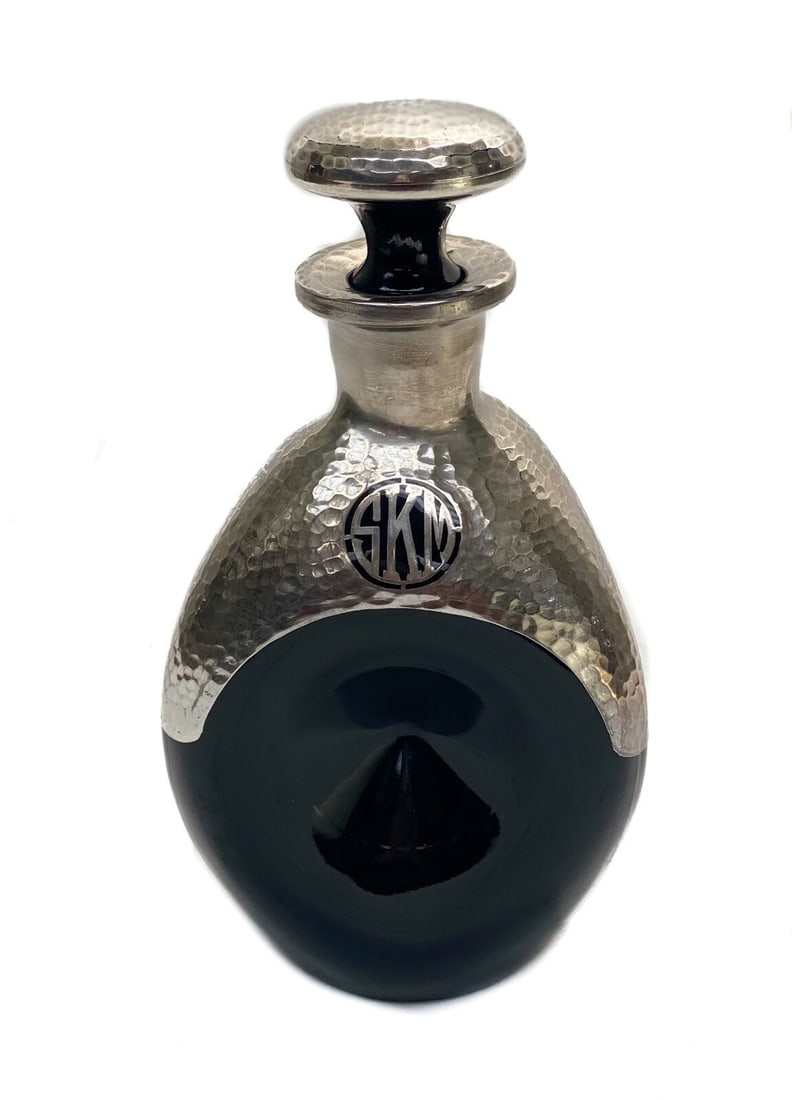 American Hand Hammered Silver Overlay Onyx Black Glass Pinched Decanter (1 of 5)