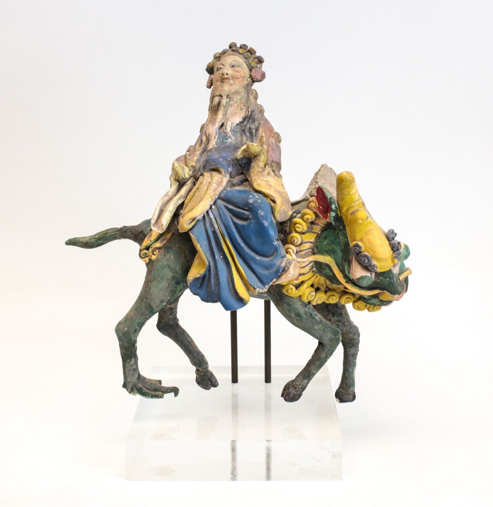 19th c Chinese Polychrome Stucco Roof Figure elderly man on the back of a dragon (1 of 9)