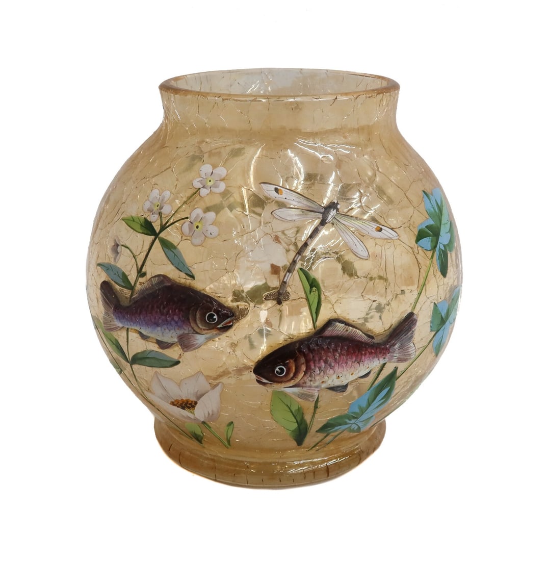Moser Gold Tinted Crackle Glass Hand Painted Fish Vase Early 20th Century (1 of 9)