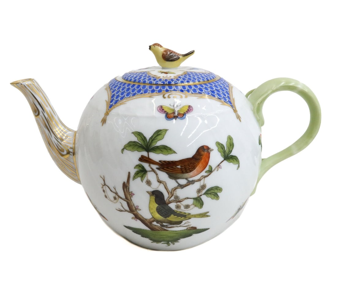 Herend Hungary Rothschild Birds Blue Fish Net Hand Painted Porcelain Tea Pot (1 of 7)